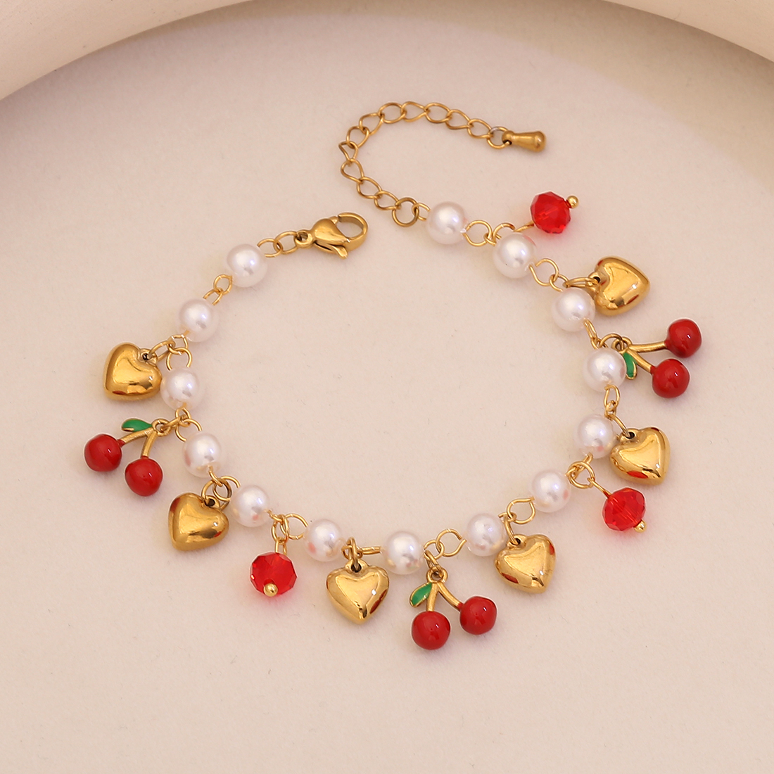 Charming Cherry Strawberry Watermelon Bracelet Elegant Imitation Pearl Hand Jewelry New Style Accessories Golden Pendant Love Heart Shape