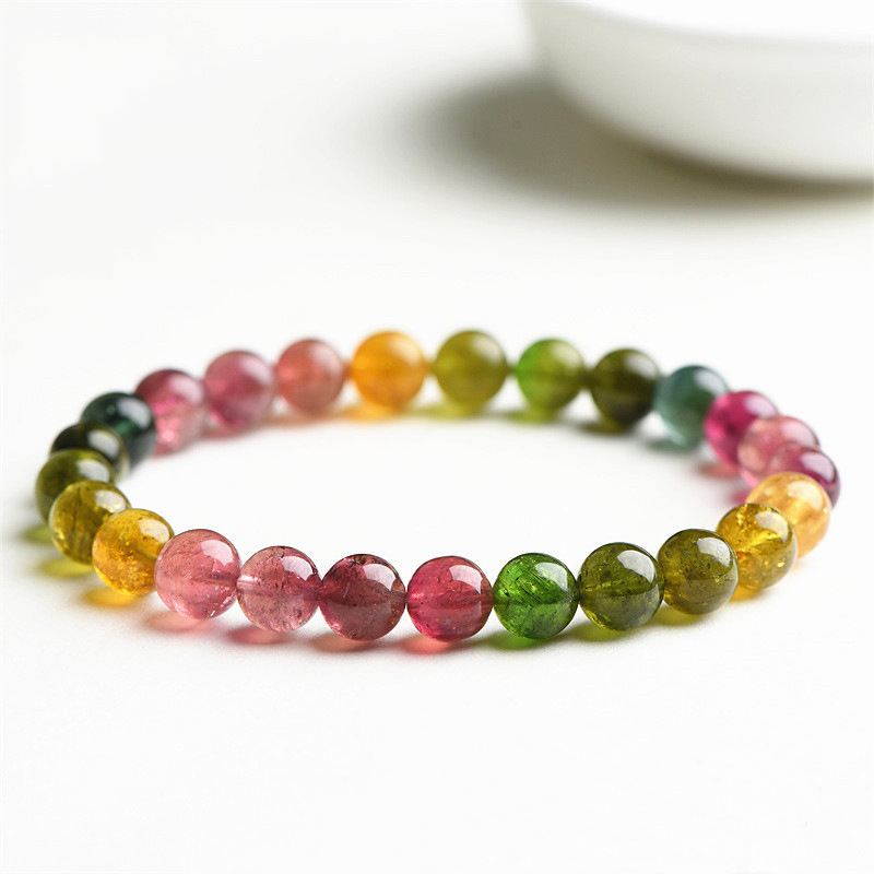Natural Rainbow Tourmaline Bracelet Brazilian Old Mine Material Gradient Color Handmade Beads Jewelry Unisex Geometric Pattern