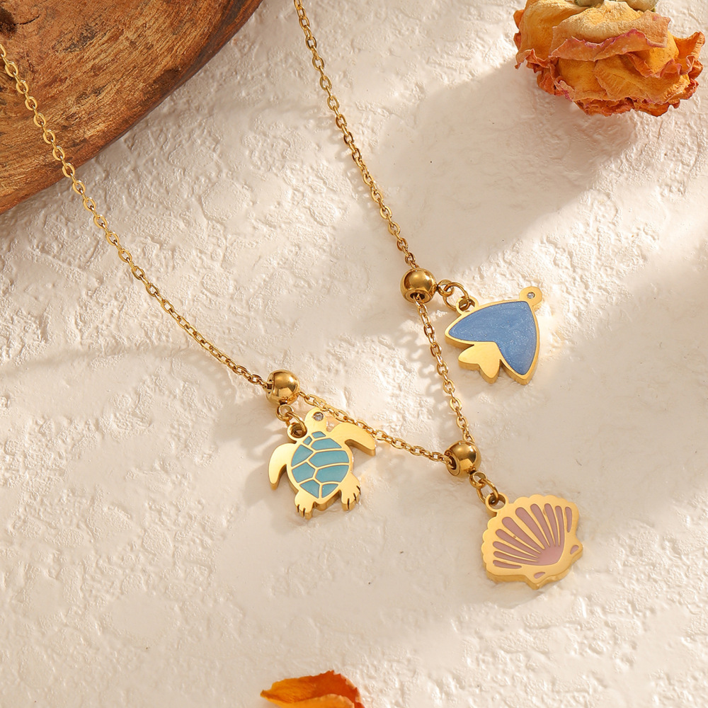 Two-Layer Oregon Drip Oil Cartoon Penguin Pearl Necklace Shell Sea Turtle Fish Ocean Animal Jewelry Accessories Stainless Steel