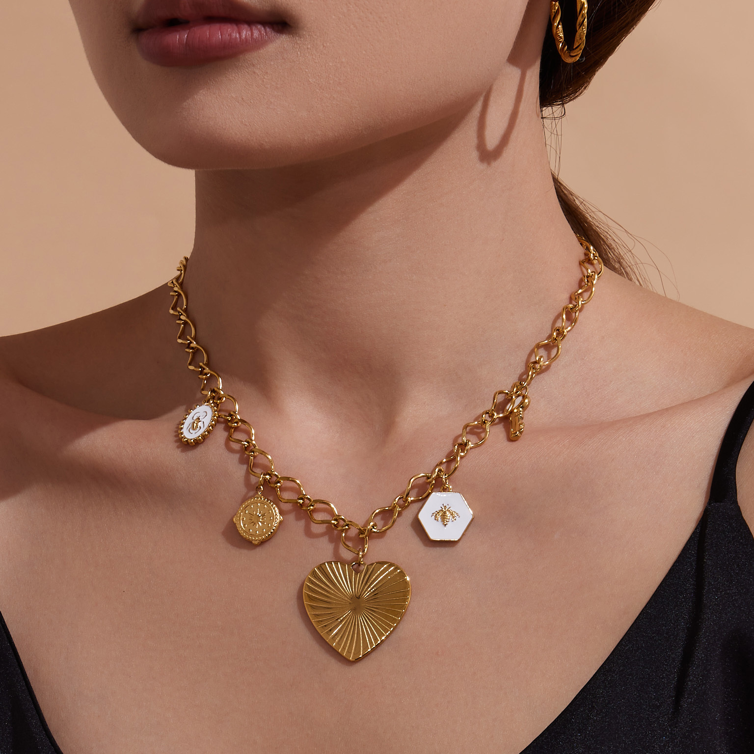 Stainless Steel Heart DIY Multi-Accessories Pendant Necklace Bracelet Heavy Work Personality Exaggeration Jewelry Set