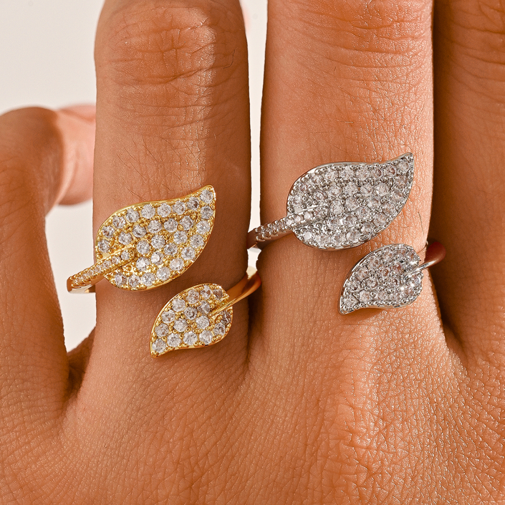 1 Piece Copper Inlaid Zircon Material Exquisite Light Luxury Personality Women's Leaf Ring Party Jewelry Accessories