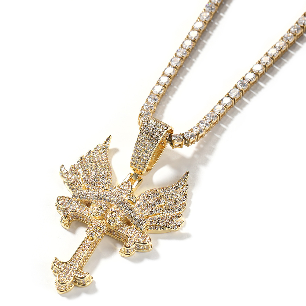 Creative Angel Wing Cross Necklace Couple Sweater Chain Hip Hop Style Geometric Pattern Copper Jewelry Accessories For Men And Women