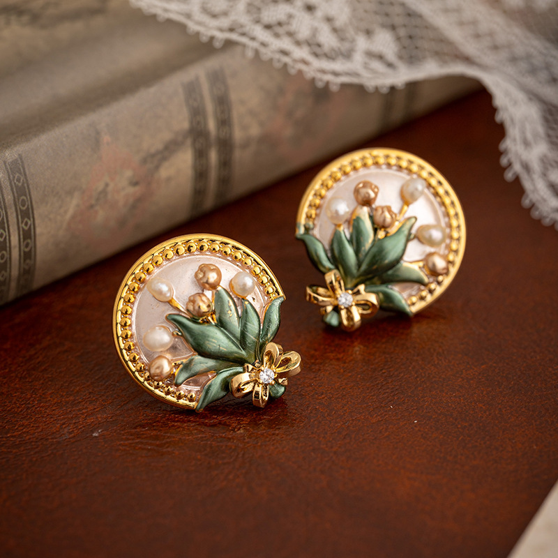 Baroque Pearl Flower Earrings Women Monet Garden Enamel Drip Glaze New Chinese Style Retro Drop Earrings Jewelry Accessories