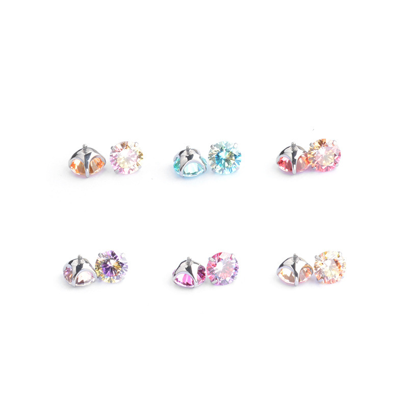 New Gradient Color Round Bottom Claw Shape F136 Titanium Alloy 5A Zirconia Threaded Earrings Piercing Jewelry Accessories