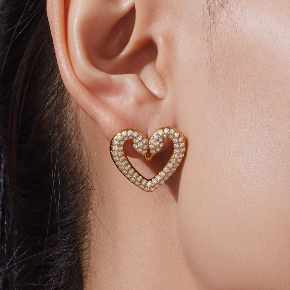 Women's 304 Stainless Steel Handmade Chain Vacuum Electroplating (In Furnace) 18K Gold Plated Geometric Pattern Zircon Full Diamond Double Swan Earrings Ring Bracelet Necklace Heart Full Diamond Jewelry Set Accessories