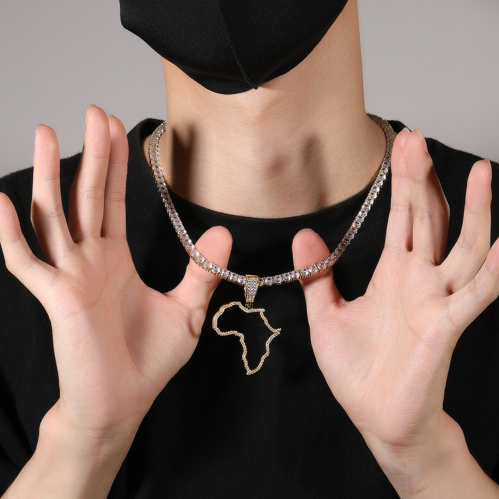 Fashion Hollow Copper Inlaid Zircon African Map Pendant Vacuum Electroplated 304 Stainless Steel Unique Design Hip Hop Style Fashion Accessories