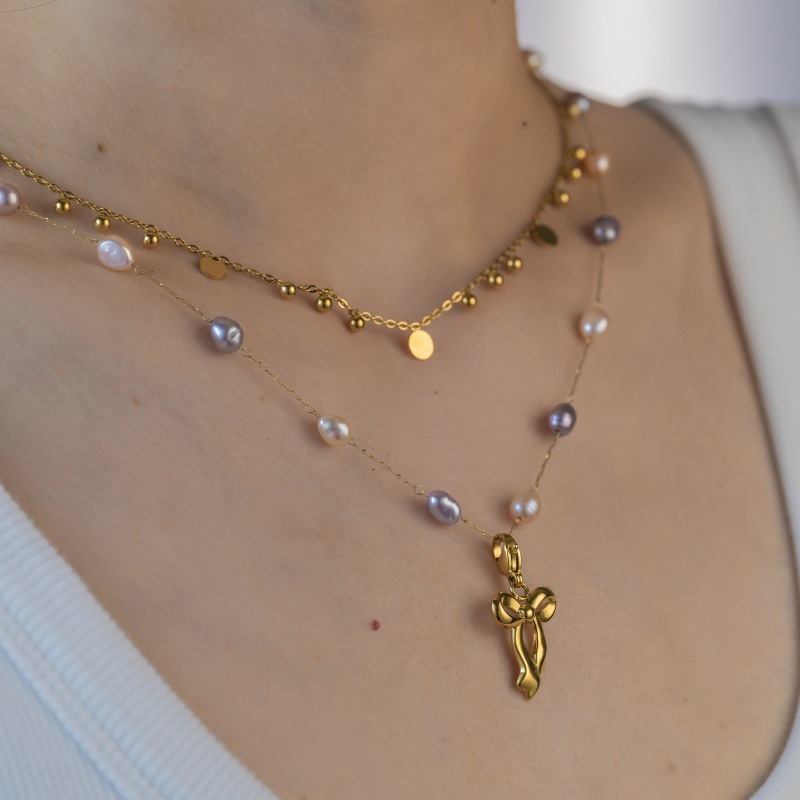 Graceful Natural Pearl Pendant Necklace Princess Bowknot Stackable Multifunctional Titanium Steel 304 Stainless Steel Necklace For Women