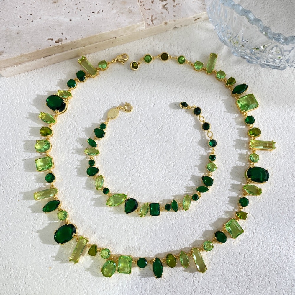 Green Candy Color Fairy Tale Series Bracelet Necklace Set Luxury Summer Accessories Geometric Pattern Yellow Copper Clasp