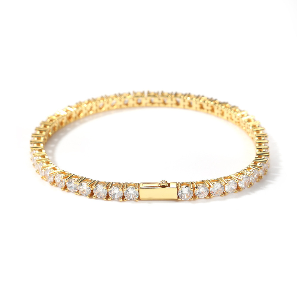 Classic Hip-Hop Single Row Bracelet 4mm Copper Inlaid Zirconia Gold-Plated Geometric Pattern Spring Clasp Fashion Simple Inlaid Diamond Bracelet Unisex