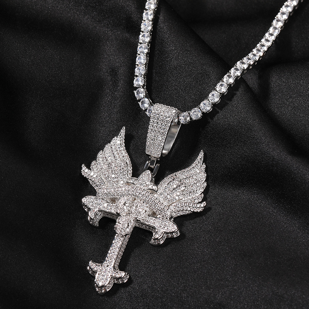 Creative Angel Wing Cross Necklace Couple Sweater Chain Hip Hop Style Geometric Pattern Copper Jewelry Accessories For Men And Women