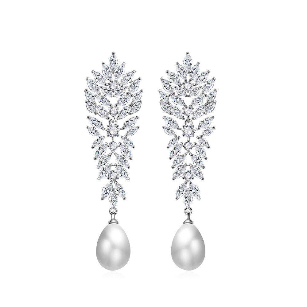 Elegant Long Pearl Drop Earrings With Sparkling Zircon Copper Design Wedding Party Date Festival Fashion Jewelry Accessories