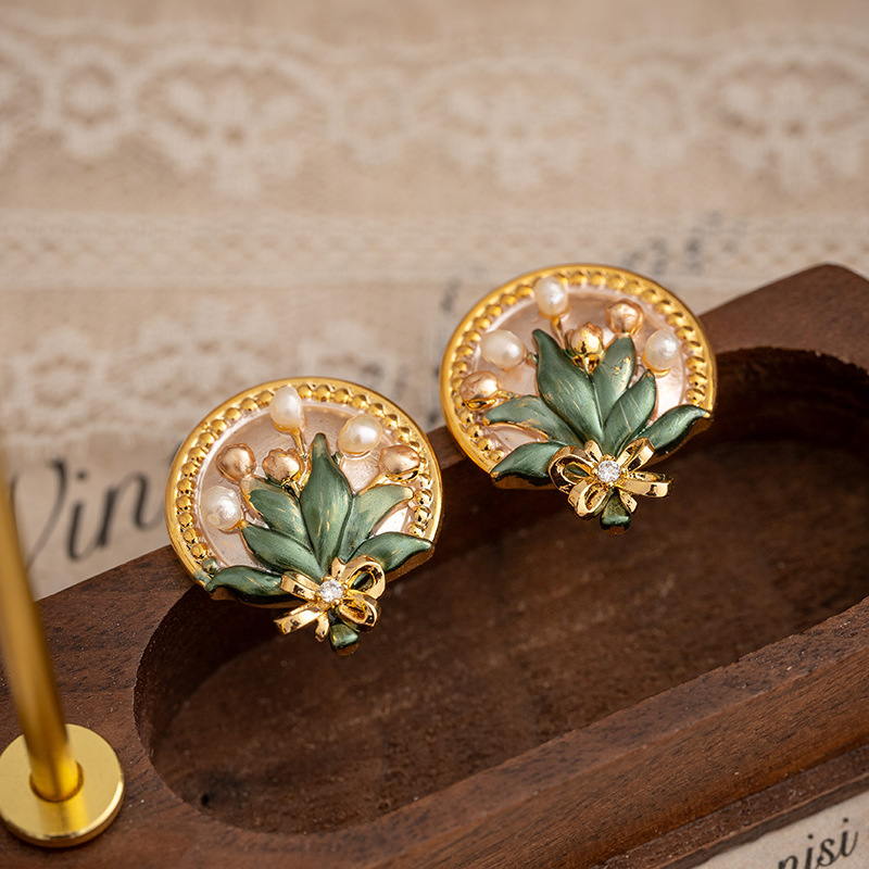 Baroque Pearl Flower Earrings Women Monet Garden Enamel Drip Glaze New Chinese Style Retro Drop Earrings Jewelry Accessories