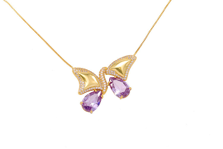 Butterfly Wing Half-and-Half Gold Plated Brass Purple Necklace Earring Set Elegant Dynamic Combination Fashion Jewelry