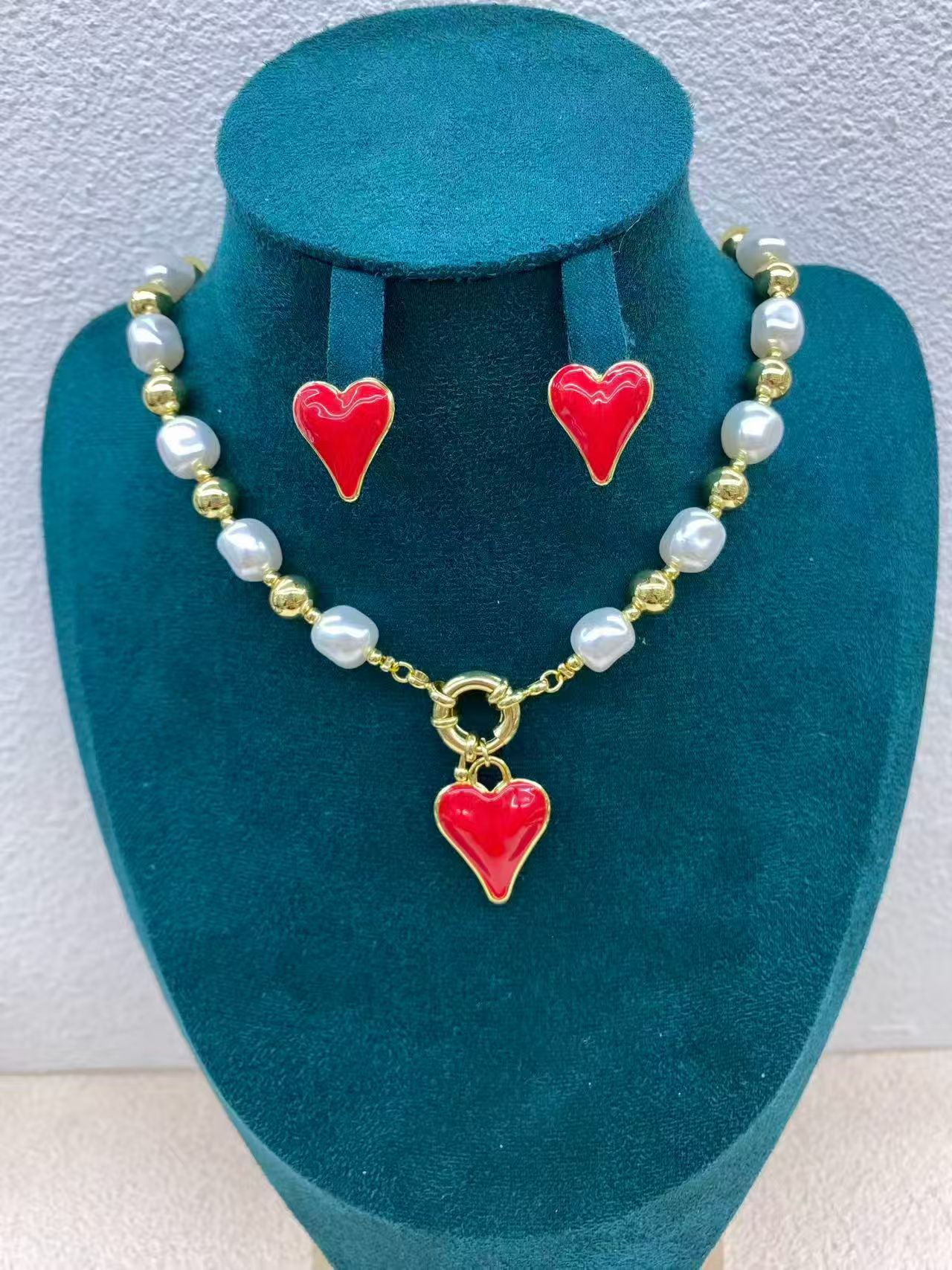 Classic New Copper Water Plated Colorful Oil Drop Heart Irregular Pearl Spacer Universal Clasp Earrings Necklace Jewelry Set
