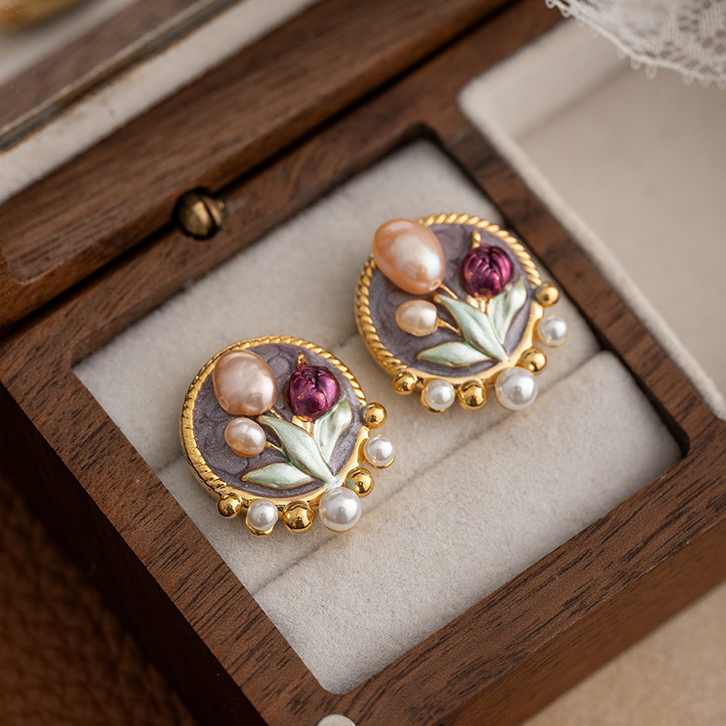 Natural Pearl Floral Earrings Women's French Vintage Monet Garden Ear Studs New Chinese Court Style Jewelry Accessories