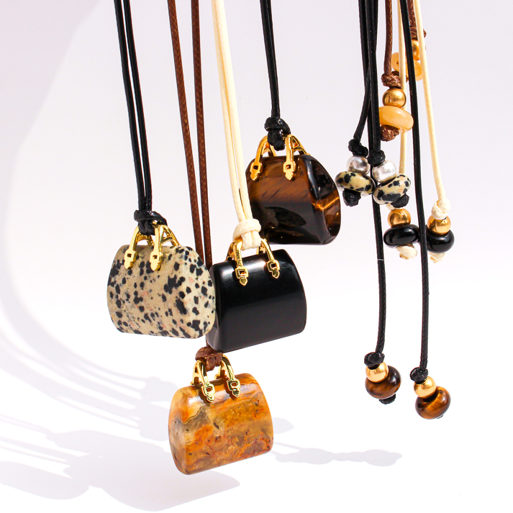 Natural Spotted Tiger Eye Stone Pendant Leather Rope Casual Long Necklace Adjustable Self-tying Sweater Chain Fashionable Ladies Holiday Style Accessories