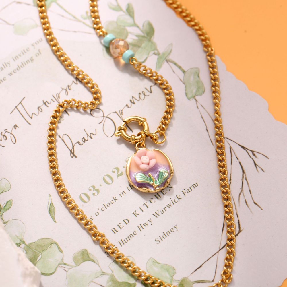 Necklace Oil Painting Tulip Geometric Simple Elegant Necklace Niche High-End Non-Fading Clavicle Chain Fashion Accessories