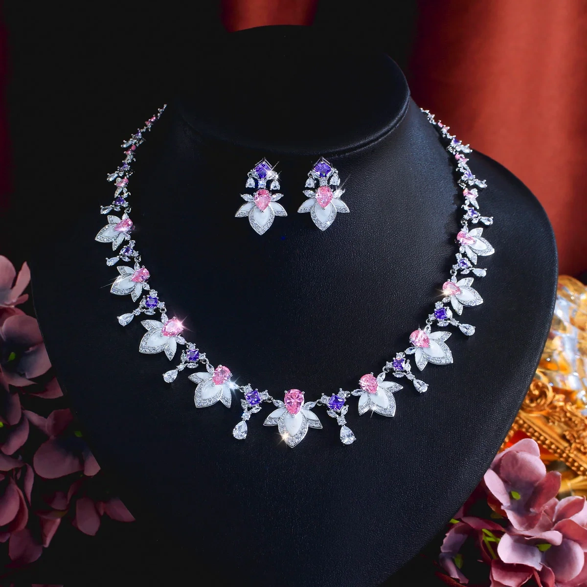 Copper Jewelry Two-Piece Set Luxurious Elegant Colorful Cubic Zirconia Enamel Floral Necklace Earring Set Suitable For Women's Weddings And Parties