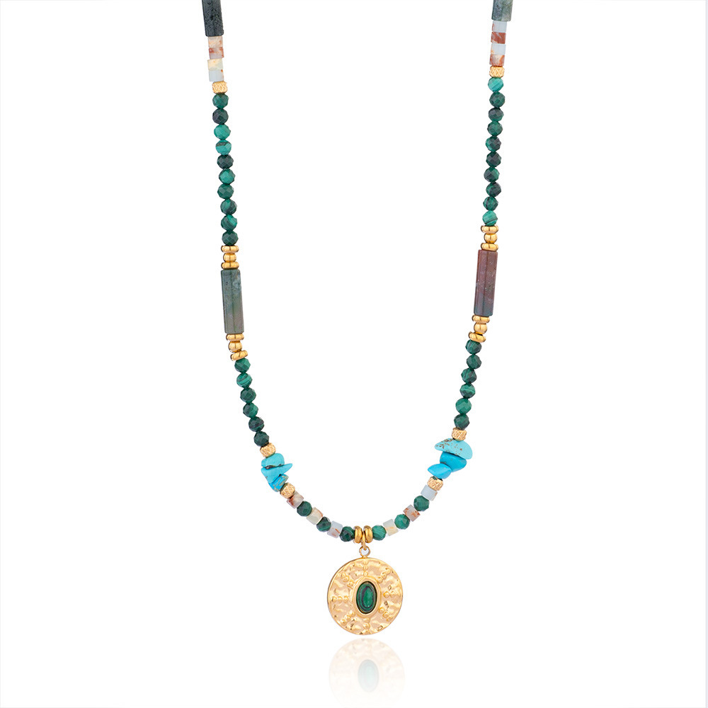 Vacation Classic Style Round Imitation Pearl Malachite Titanium Steel Beaded Chain Necklace In Bulk