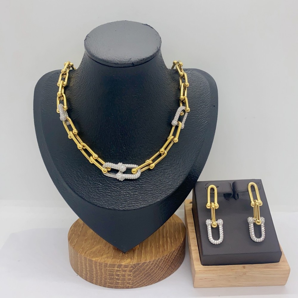 Classic Style Electroplated Micro-Paved Zircon U-Shaped Hoop Earrings Necklace Set For Women Casual Modern Jewelry Accessories