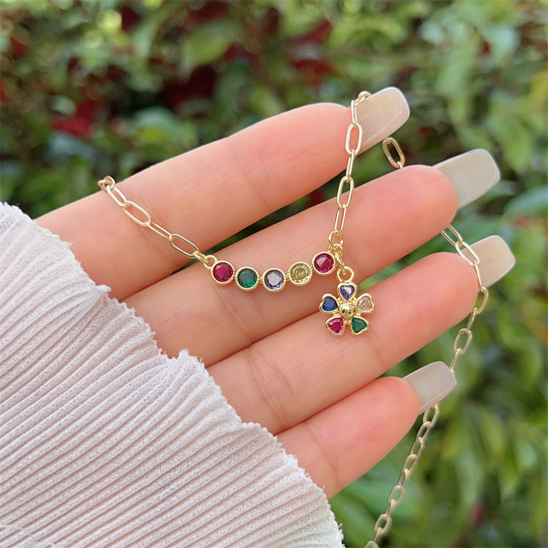 18K Gold Plated Handmade Double Pendant Flower Zircon Necklace Classic Simple Style Daily Wear Gift Copper Pendant Lobster Clasp