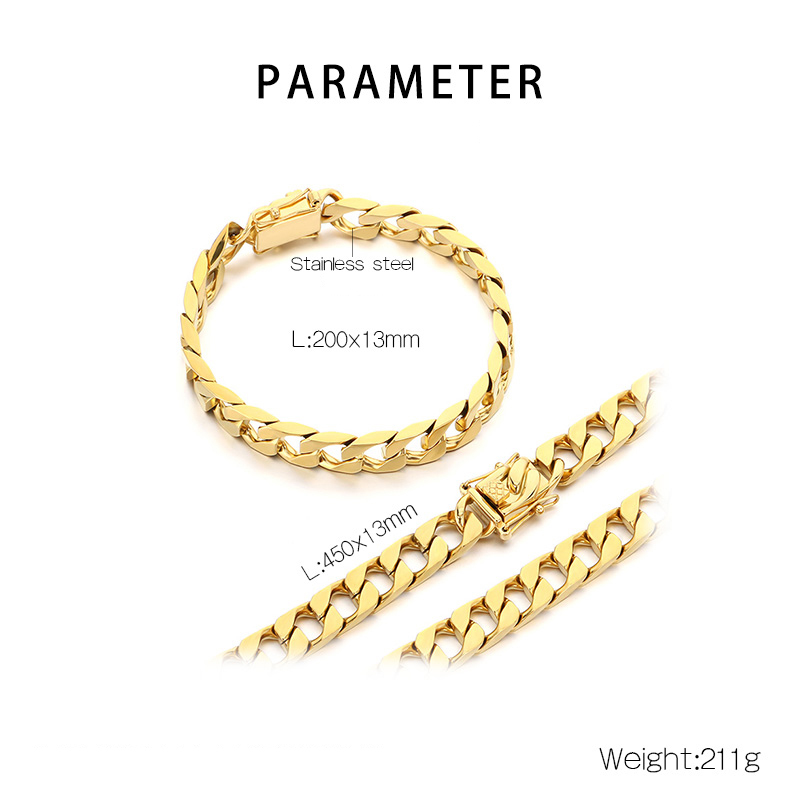 Trendy Titanium Steel Cuban Link Necklace Men's Simple Stainless Steel Jewelry Fashionable Geometric Pattern Vacuum Plated 18K Gold