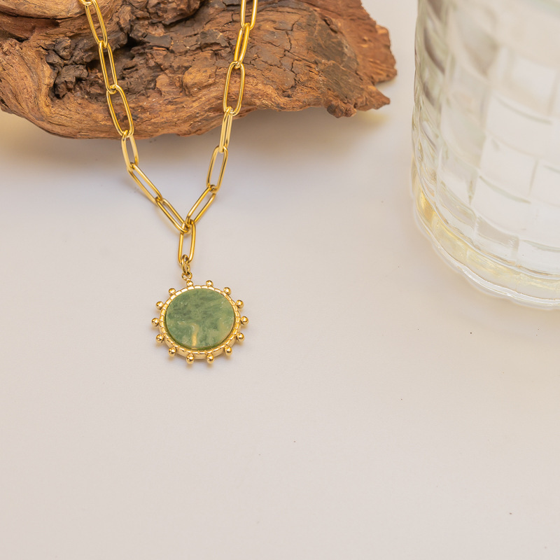 Bohemian Style Gold-Plated Sun 304 Stainless Steel Titanium Steel Necklace Natural Stone Round Pendant Luxurious Simple Women's Jewelry Accessories
