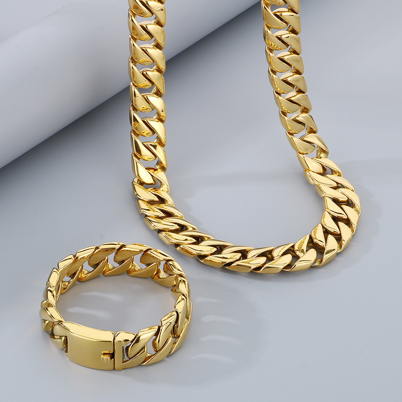 Polished Titanium Steel Bracelet Cuban Chain Necklace Men's High Quality Vacuum Electroplating Jewelry Accessories