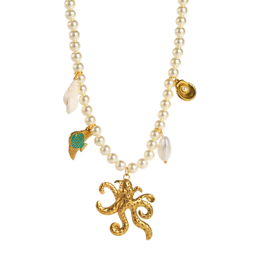 Elegant Ocean Elements Heart-shaped Octopus Turtle Pearl Pendant Necklace Geometric Pattern Titanium Steel Women Jewelry Accessories Minimalist Style