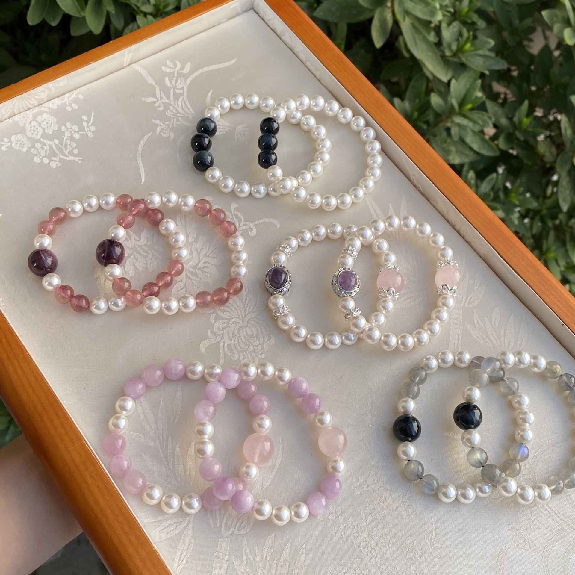 Original Design Natural Pink Quartz Fashion Pearl Handmade Beaded Bracelet Luxury Geometric Pattern Wedding Birthday Party Jewelry
