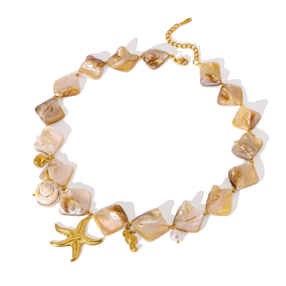 Natural Three-Dimensional Shell Texture Conch 304 Stainless Steel Vacuum Electroplated 18K Real Gold Baroque Style Multi Pendant Necklace