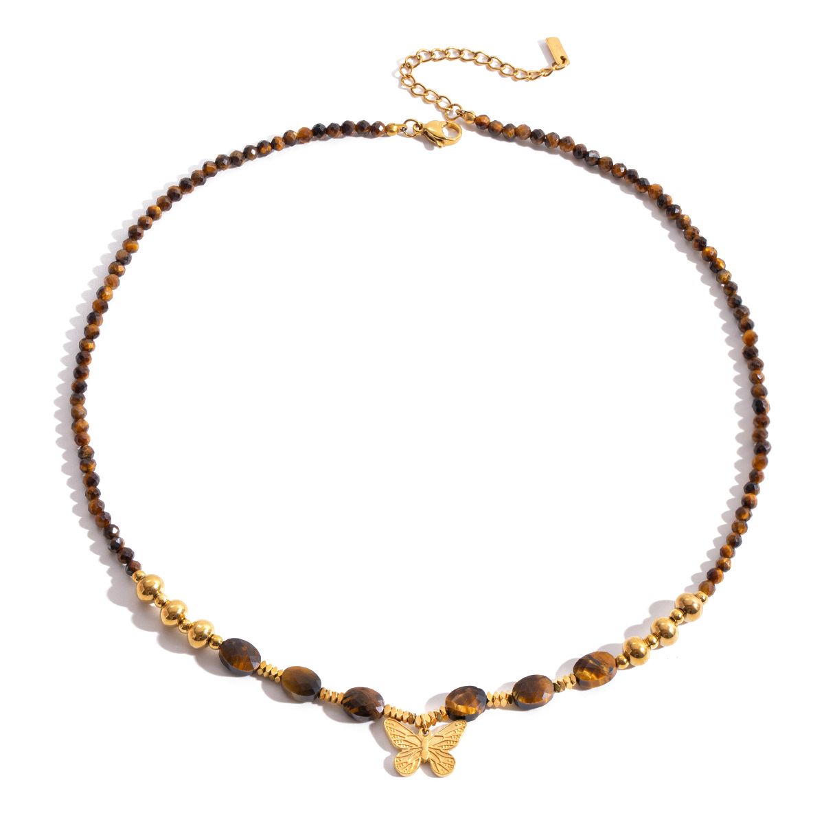 Ladies Classic Style 18K Gold Stainless Steel Butterfly Pendant Tiger Eye Stone Beaded Necklace 42+5CM Butterfly Chain Design