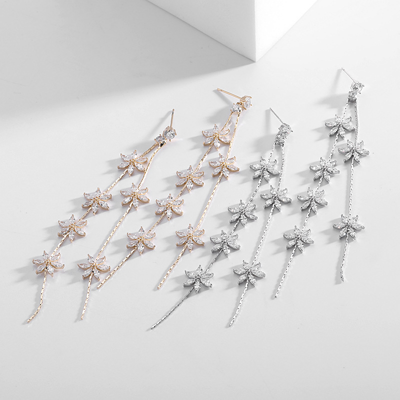 Bohemian Style Long Dangle Earrings Women's Fashion Floral Pendant Tassel Earrings Elegant Celebrity Inspired Zircon Studs