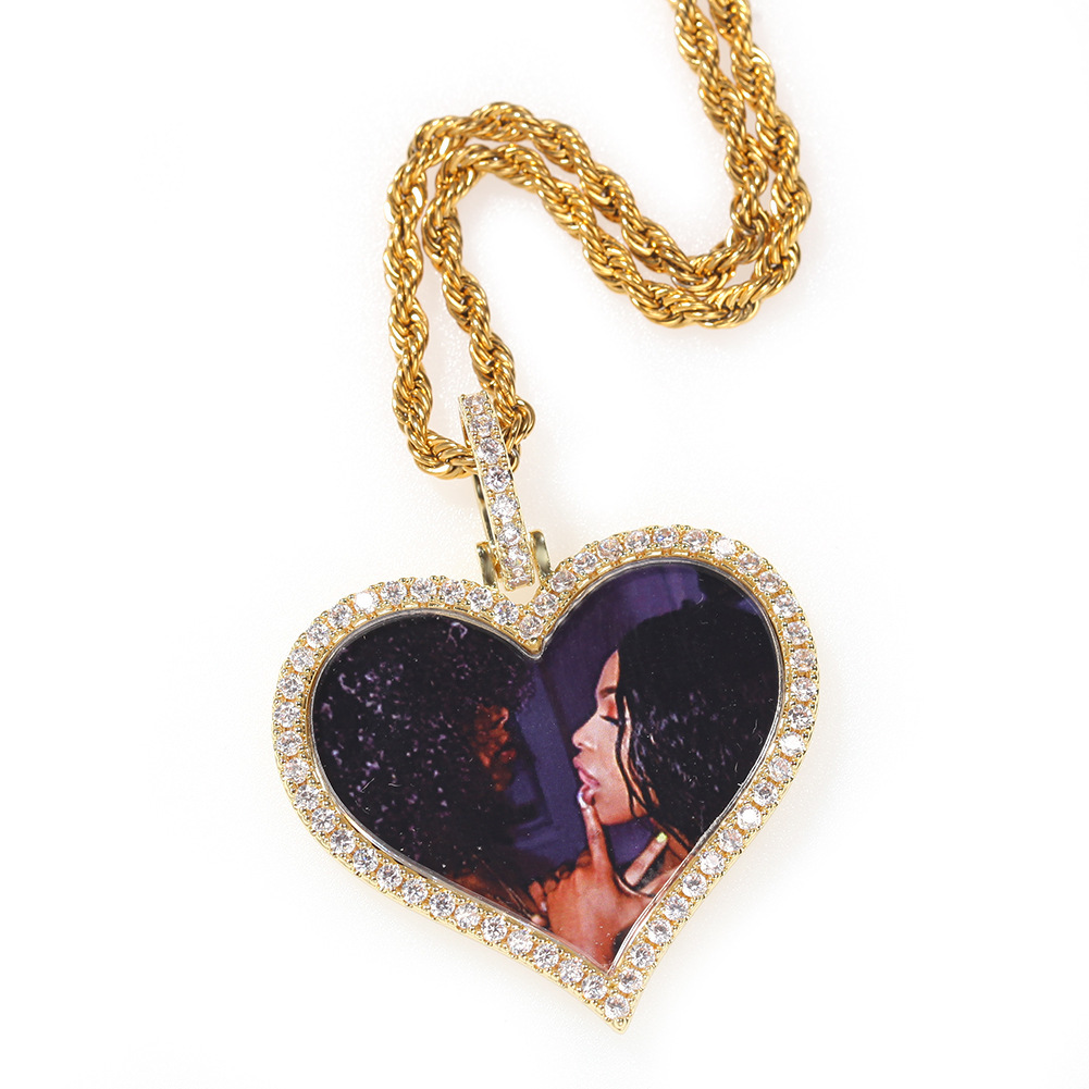 Fashion Hip-Hop Style Pendant Necklace Copper Material Inlaid With Zircon Heart-Shaped Photo Unisex Internet Celebrity Style Jewelry Accessories