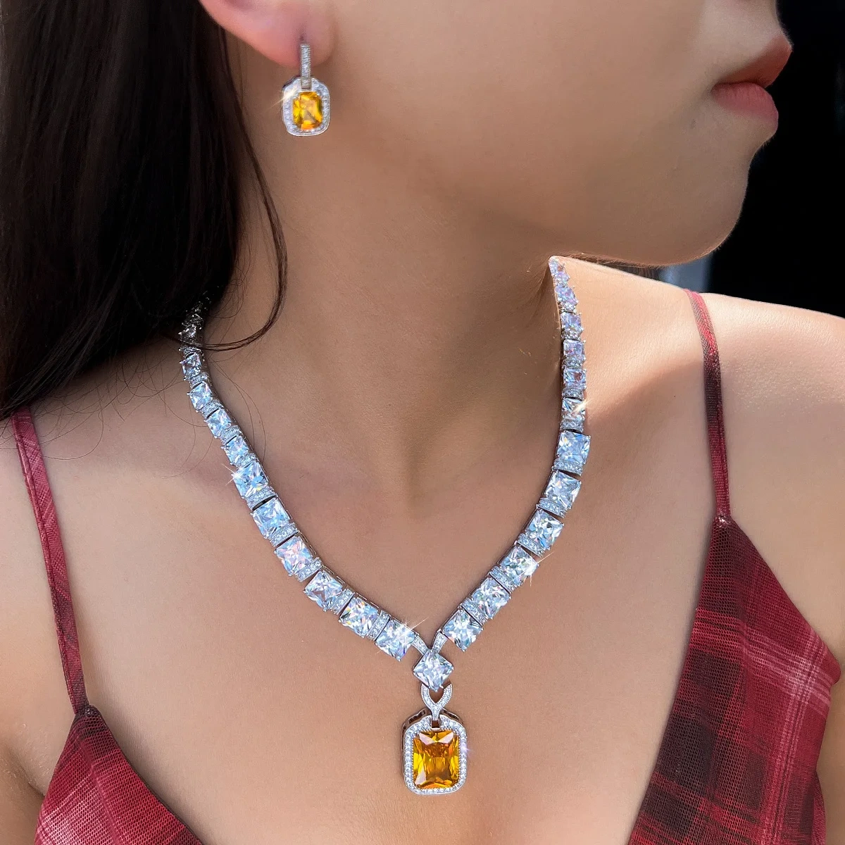 Expensive Nice Yellow Cubic Zircon Big Square Drop Earring Necklace Sets For Women Luxury Wedding Party Jewelry