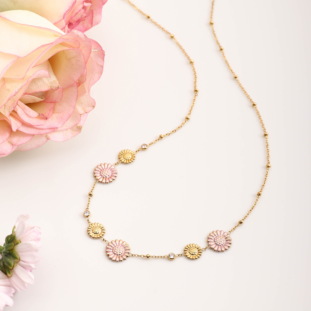316 Stainless Steel  PVD Coated Chrysanthemum Casual Vacation Commute Cable Chain Necklace For Women's