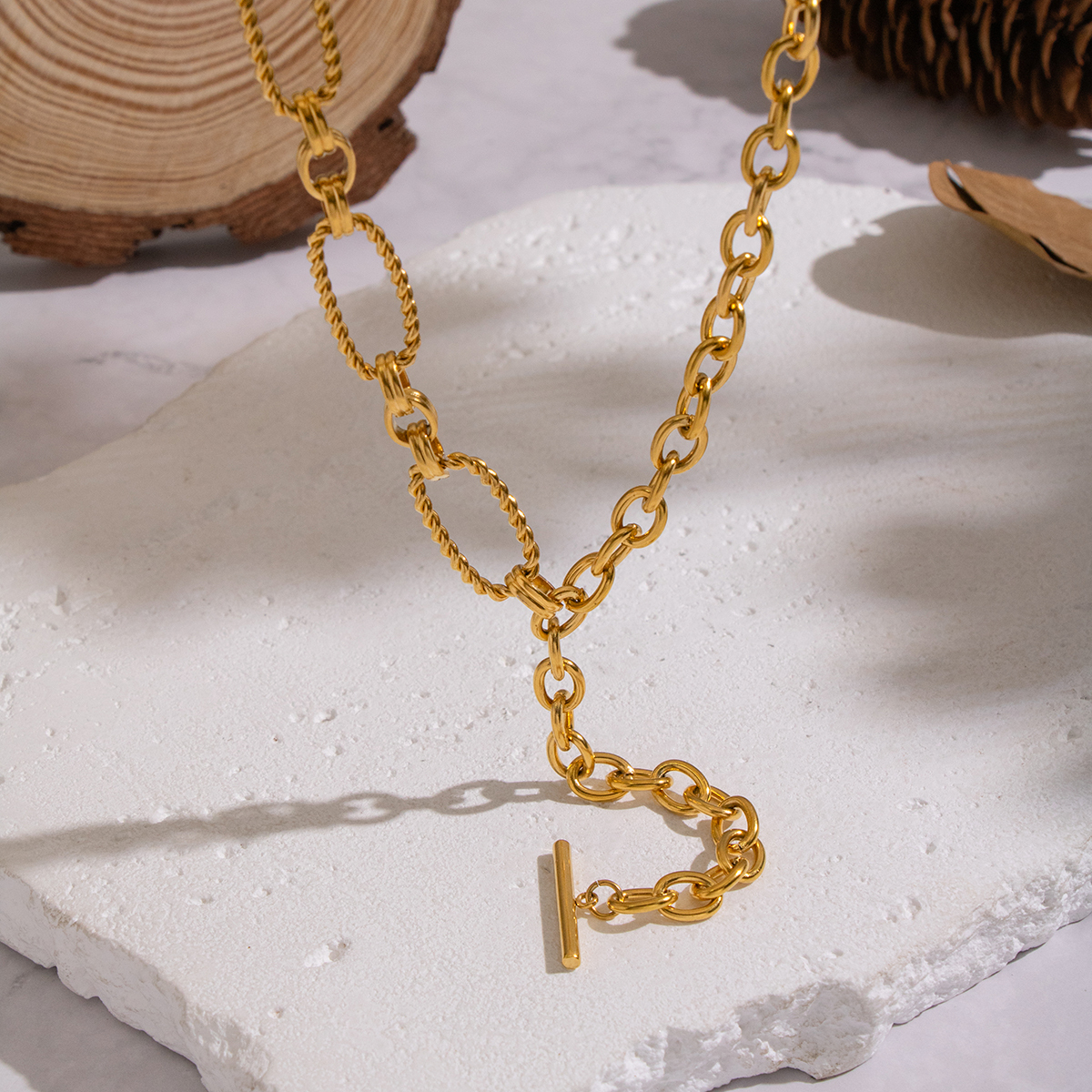 Geometric Minimalist Style Electroplated Real Gold Vacuum Electroplating (In Furnace) One-Word Tassel Pendant Necklace Women's Sweater Chain Accessories Jewelry Wholesale