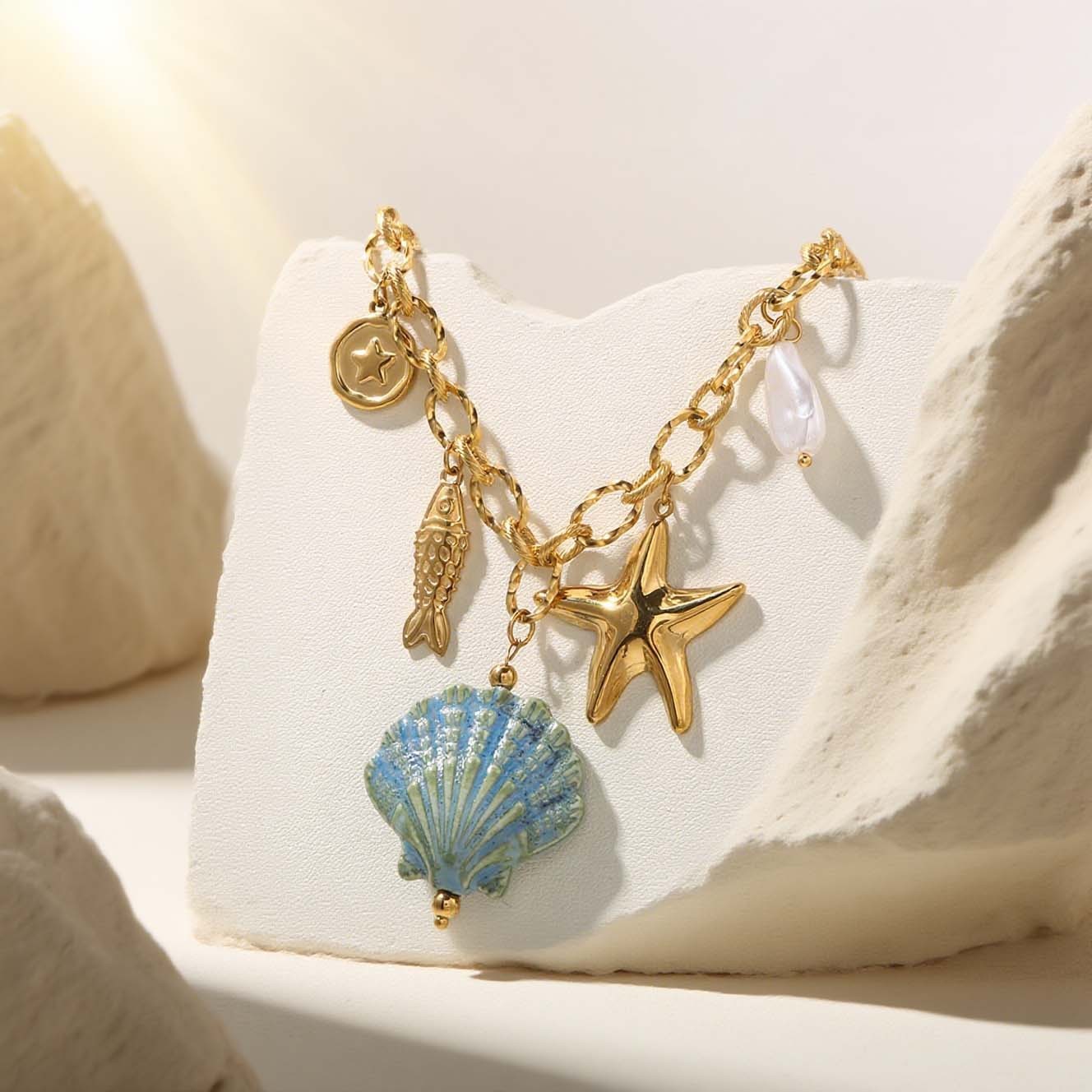 Waterproof Stainless Steel Fan Shell Necklace Women's Vacation Beach Holiday Starfish Pendant High-End Feeling Jewelry