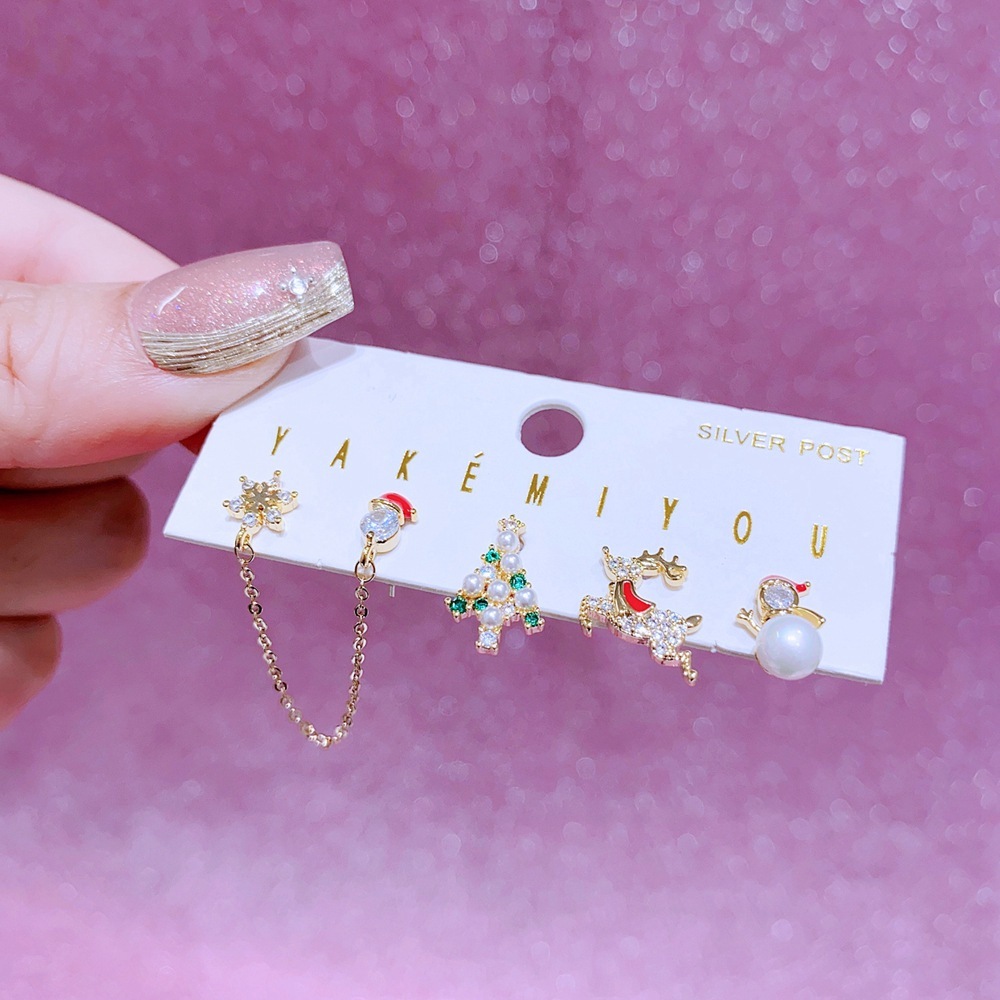 Elegant Christmas Deer Asymmetric Earrings Set 925 Silver Needle Cartoon Studs Women's Jewelry Accessories Christmas Theme