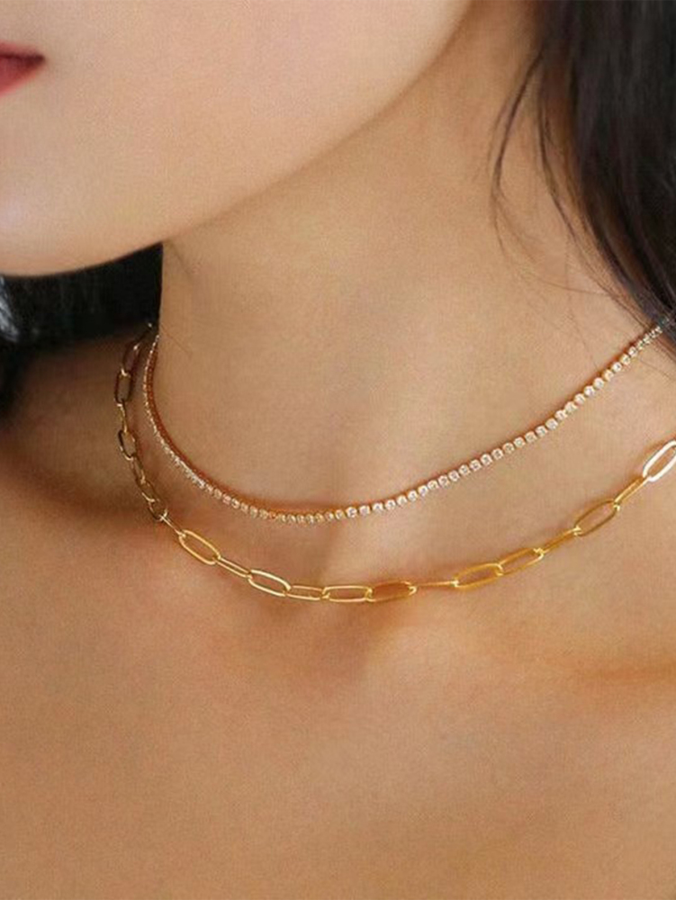 Women's 18K Gold Double Layer Stacked Necklace Set Gift Box Gold Geometric Square Buckle Chain + Micro Pave Diamond Chain French Light Luxury Style Niche Design Choker Exquisite Versatile Accessories