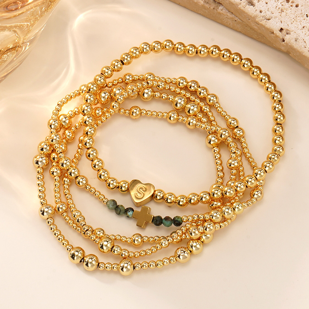 Luxurious Golden Heart Letter African Copper Beads Bracelet Set Of Five Facet Cut Loose Women's Fashion Jewelry Accessories