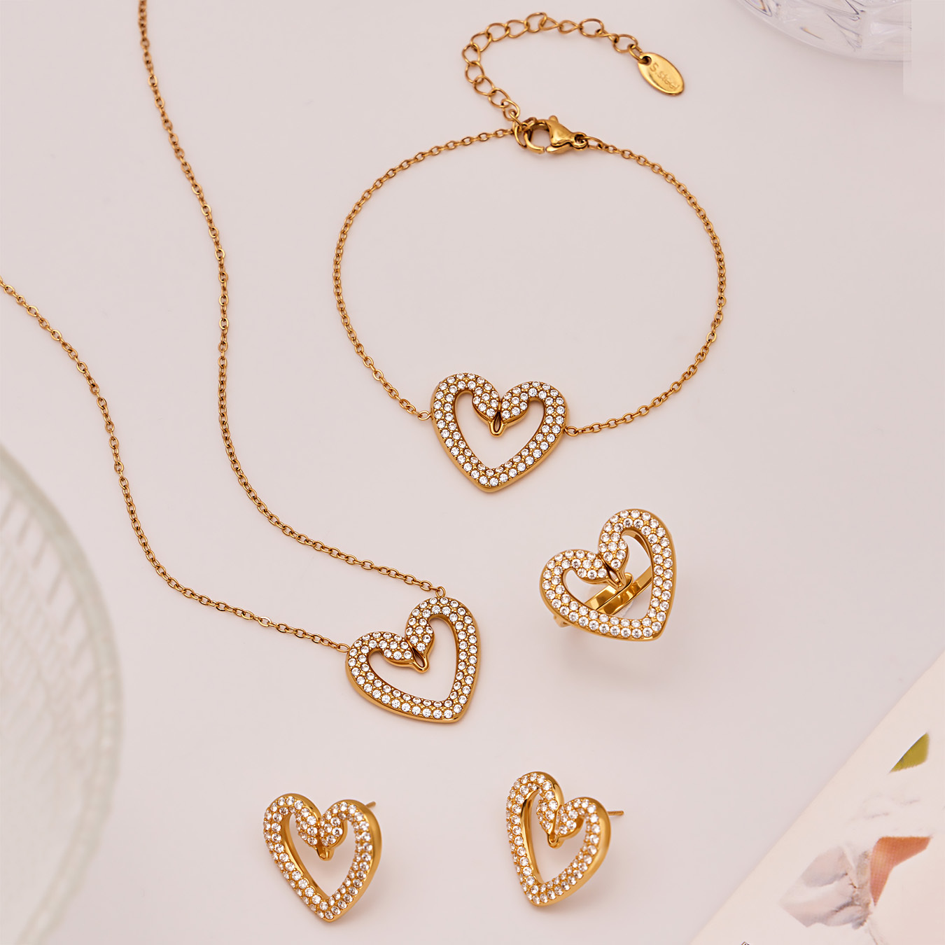 Women's 304 Stainless Steel Handmade Chain Vacuum Electroplating (In Furnace) 18K Gold Plated Geometric Pattern Zircon Full Diamond Double Swan Earrings Ring Bracelet Necklace Heart Full Diamond Jewelry Set Accessories
