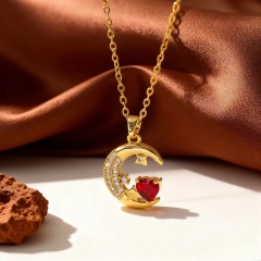 X0888 [Copper Pendant] Star Moon Red Diamond Heart Necklace - Gold