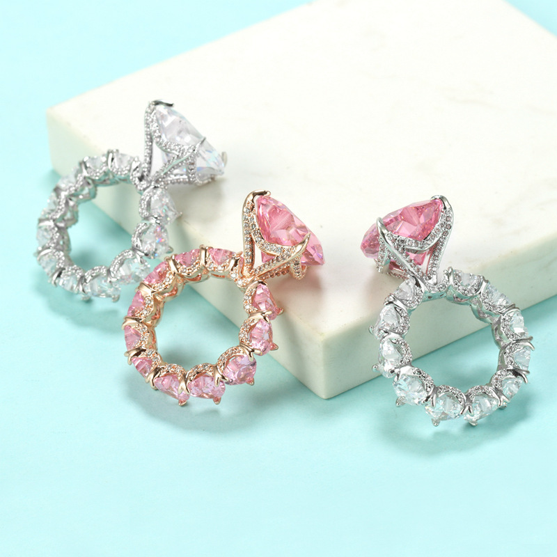 Jewelry Hip Hop Color Zircon Heart-Shaped Ring  18K Gold Plating Platinum Women's Ring  Zhang Yang Atmospheric Trend Female Ring