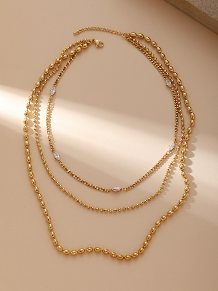 Fashion Layered Zircon Necklace For Women Stainless Steel Round Chain Ring Jewelry Accessories Suitable For Commuting And Parties