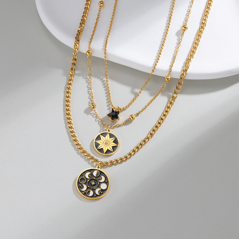 Vintage Multi-layer Starburst Sweater Chain Necklace For Women Stainless Steel Accessories Multi-layer Jewelry Pendant