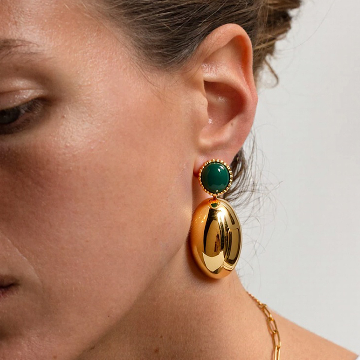 18K Gold Plated 304 Stainless Steel Vacuum Electroplated Vintage Oval Natural Stone Earrings Jewelry Women's Accessories Waterproof Non-Fading Three-Dimensional Design