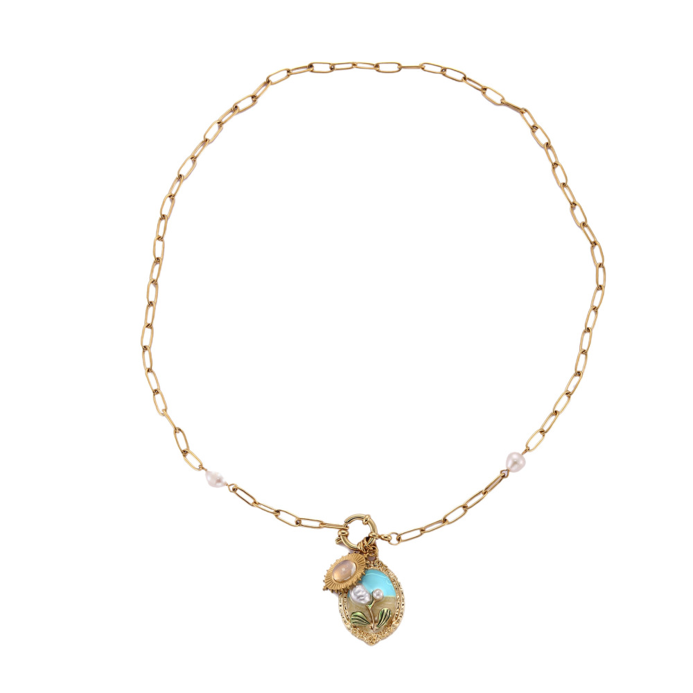 Necklace Oil Painting Tulip Geometric Simple Elegant Necklace Niche High-End Non-Fading Clavicle Chain Fashion Accessories