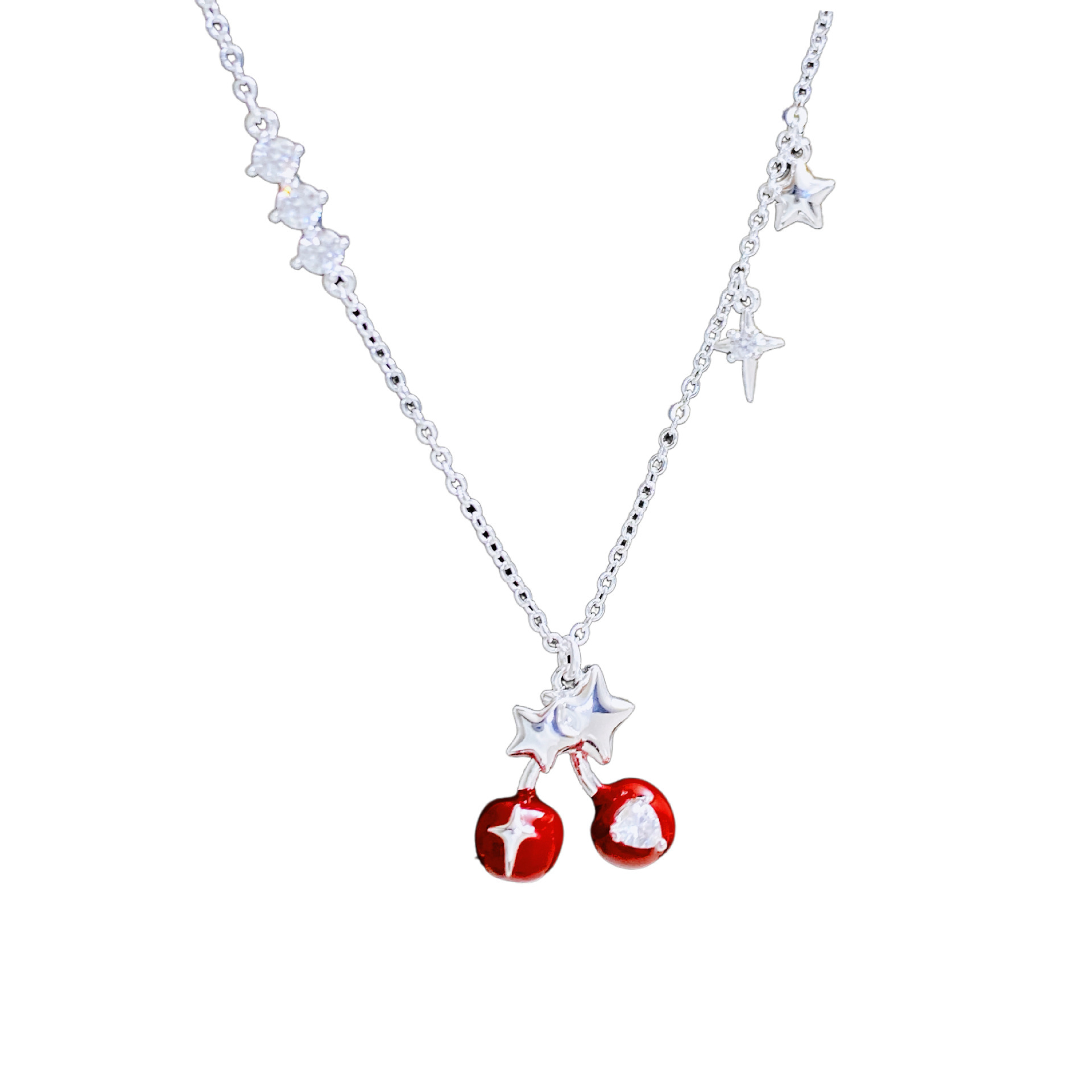 Kanamina Elegant Red Cherry Diamond Embedded Necklace For Women Sweet Fashionable Versatile Clavicle Chain Fruit Patterned Jewelry