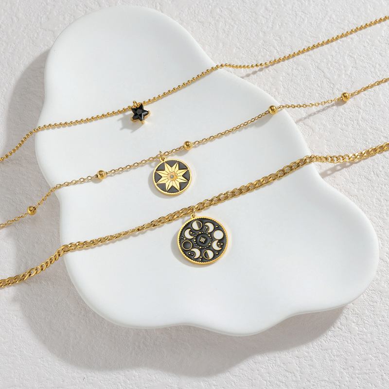 Vintage Multi-layer Starburst Sweater Chain Necklace For Women Stainless Steel Accessories Multi-layer Jewelry Pendant